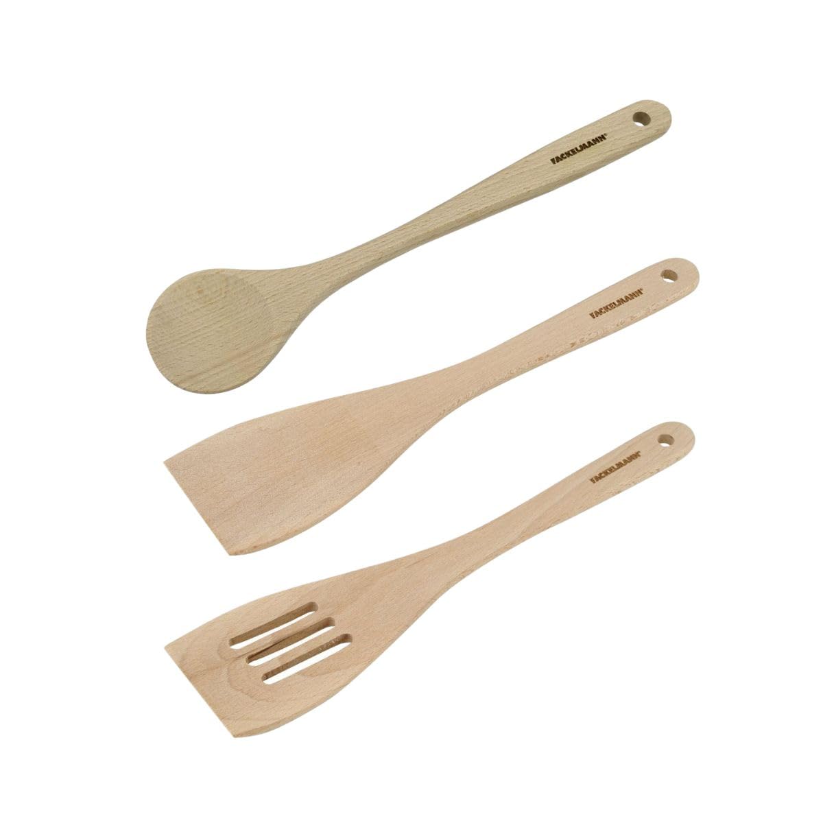 Fackelmann 9907250 Lot de 3 ustensiles de Cuisine en Bois, cuillère en Bois, spatule, ustensile, de Cuisine, cuillere,​FSC, 30 x 6,​5 cm