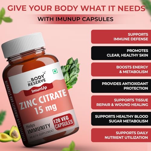 Image of The Body Reserve Zinc Citrate - High Absorption Zinc Supplement for women & men | Supports Immunity & Antioxidant Support, 120 Veg Capsules