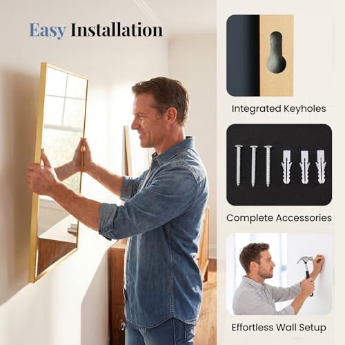 Image of NEWBULIG 30 inch x 40 inch Gold Rectangle Bathroom Mirrors for Wall, Morden Wall Mirror with Metal Frame, Tempered Glass, Vanity Mirror for Over Sink, Entryway, Living Room, Anti-Rust, Horizontal or Vertical