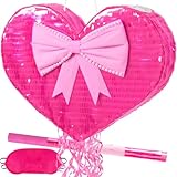 WERNNSAI Heart Pinata - Valentine Party Decoration Pink Heart Shaped Pinata with Blindfold Stick for Birthday Decoration Wedding Bachelorette Party Pull String Surprise Supplies