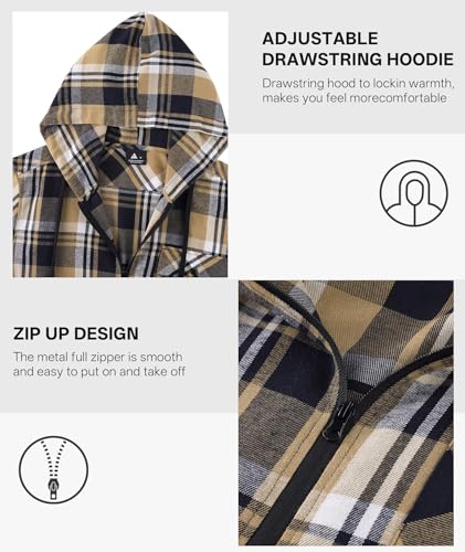 Hooded Flannel Shirt for Men Casual Zip Up Plaid Shirt Fall Stylish Long Sleeve Plaid Hoodie with Pocket