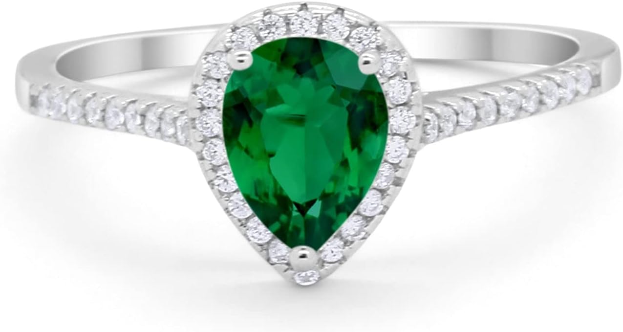 Blue Apple Co. Art Deco Teardrop Pear Wedding Engagement Bridal Ring Halo Round Cubic Zirconia 925 Sterling Silver