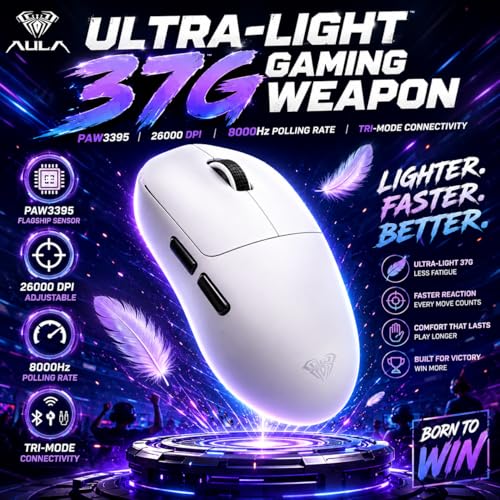 Image of AULA SC800 Tri-Mode(2.4GHz /BT /Wired) Ultra-Lightweight Gaming Mouse | 37grams, Adjustable 26000 DPI, PAW3395 Sensor, 8000 Polling Rate, Ultra-Precise & Durable for Gaming & Office Use | White (SC800W)