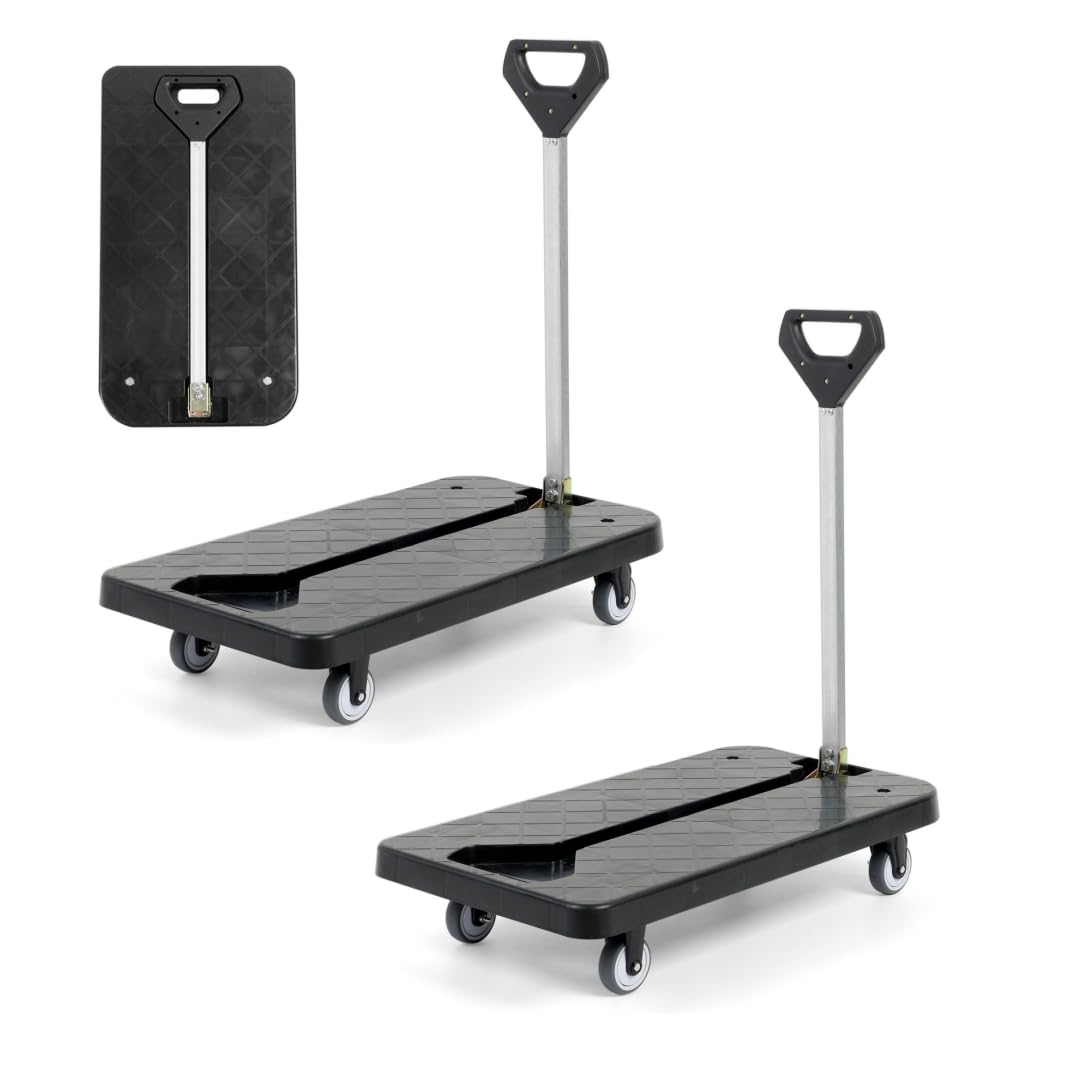 Carretilla de mano plegable, carrito de equipaje resistente de 600 libras, carrito de plataforma utilitaria de 29 x 16 pulgadas con 4 ruedas TPR y 2 cuerdas elásticas para mudanza, compras, uso de