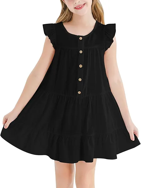 Cudtum Girls Dresses Button Down Flutter Sleeve A-Line Sundress Casual Midi Dresses for 6-14 Years Kids