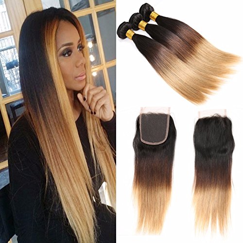Peruvian Ombre Human Hair Straight Hair 3 Bundles With 4 * 4inch Free Part Lace Closure 1B/4/27 8A Grade Hair Extensions Weave -16 18 18+16inch