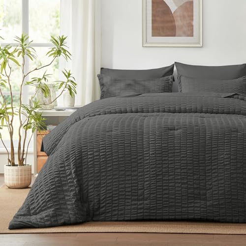 SunStyle Home Seersucker Full/Queen Size Comforter Sets 7 Pieces, Dark Grey Lightweight Bedding Sets, All Season Bed in a Bag with Sheets, Pillowcase and Pillow Shams