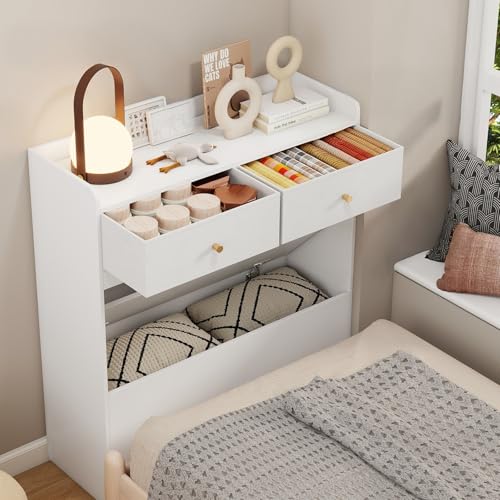 ARTETHYS Small Storage Cabinet Tall Nightstand for Narrow Space with Drawers Modern White and Skinny Corner Cabinet for Sofa Living Room Couch Bedroom