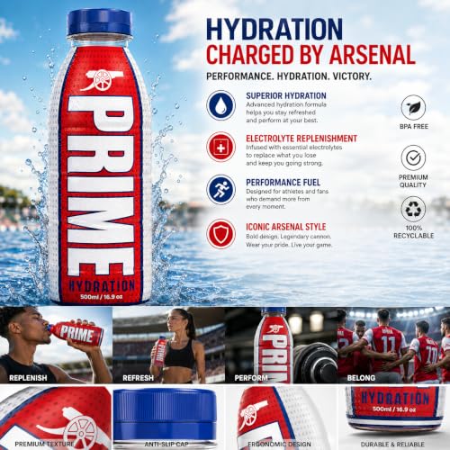 Image of PRIME - (Arsenal) Hydration Drink 16.9 fl oz ℮ (500ml) By COUGAR | Electrolyte Sports Beverage With Coconut Water & Vitamins | Refreshing Ready To Drink Hydration Drink For Active Lifestyle & Daily Refreshment - (Imported-UK)