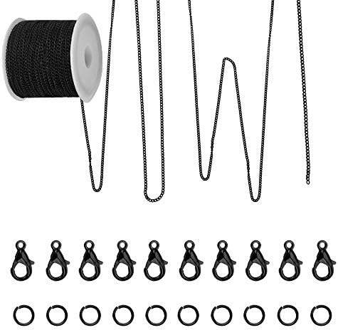 AFASOES 10m/33Feet Link Chain Necklace Flat Link Cable Chain Black Cable Jewelry Chain DIY Link Chain Jewellery Making with 20pcs Lobster Clasps and 50pcs Open Jump Rings, Spool Packaged