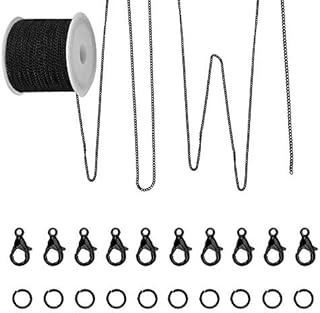 AFASOES 10m/33Feet Link Chain Necklace Flat Link Cable Chain Black Cable Jewelry Chain DIY Link Chain Jewellery Making with 20pcs Lobster Clasps and 50pcs Open Jump Rings, Spool Packaged