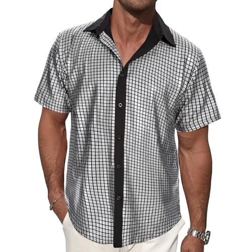 Mens Disco Shirt Outfits-Sequin Short Sleeve Sparkly Party Shirts Sliver Large