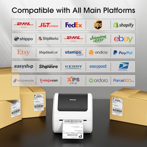 Image of Bluetooth Shipping Label Printer with 1 Roll Labels - D520BT Thermal Label Printer, Thermal Printers with Built-in Label Holder, Come with 500PCS 4x6 White Labels (500 Labels /Roll)