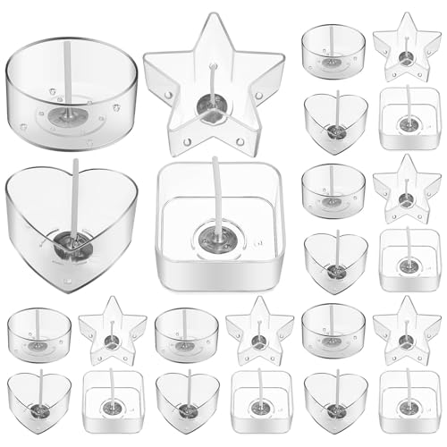 OHPHCALL Tea Light Candle Mold Holders with Transparent Cups and Odorless Wicks for DIY Candle Making Includes Round Square Heart Star Shapes Steady Base for Crafting Jars and Tealight