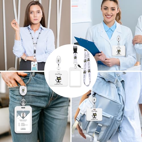 Thboxes Ausweishülle mit Band, Busfahrkarten Hülle Schüler mit Ausweishalter Ausziehbar und Schlüsselband Abnehmbar, Modische Kartenhülle für Busfahrkarte Schlüsselkarten Work ID (Katze)