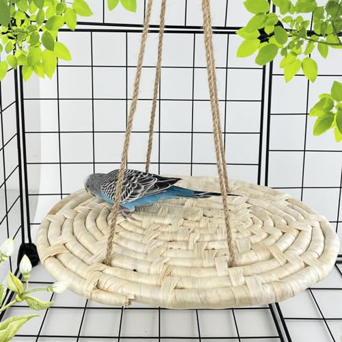 Image of FlidRunest Bird Swing Hammock Bed, Natural Corn Woven Parrot Hammock Swing Mat, Hanging Bird Climbing Perch Mat, Relieve Boredom Chewing Toy for Birds Parakeets Lovebirds Cockatiels Conure, yellow