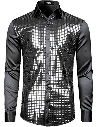 JOGAL Chemise à paillettes argentées pour homme - Manches longues - Style disco années 70, noir/argenté, S