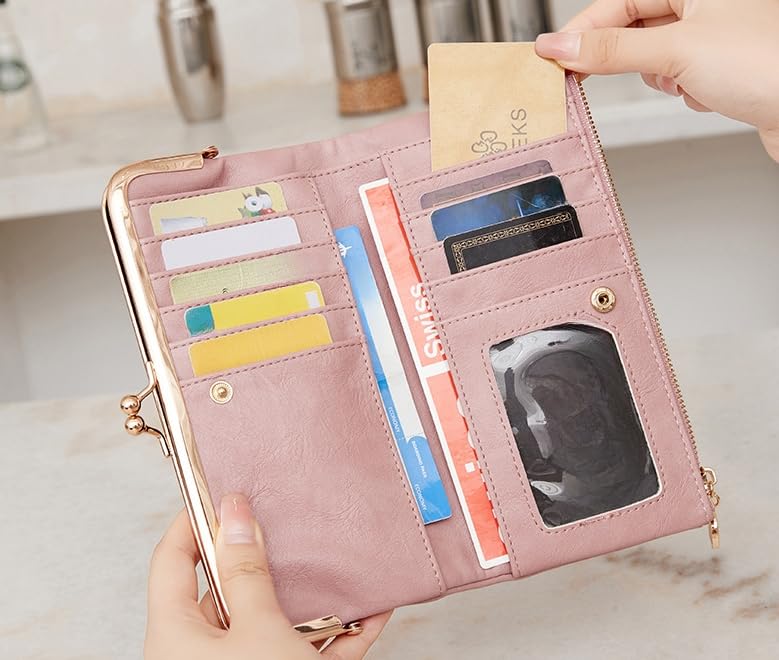 Vintage Bifold Genuine Leather Wallet for Women with Kiss Lock and Zip Coin Pocket (Pink)4