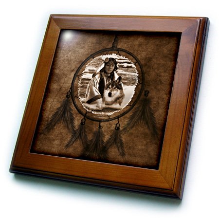 3dRose ft_52256_1 Brown Native American Wolf Based on A Painting by Martin Basmajian-Framed Tile, 8 by 8-Inch