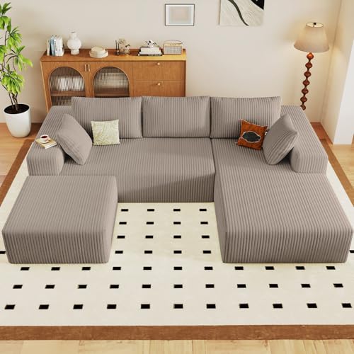 Image of 96 inch W Cloud Sectional Couch with Ottoman,Modern U-Shaped Cloud Couch with Deep Seat,Comfy Corduroy Sofa,Memory Foam Sofa for Living Room,No Assembly (Camel,Right-Facing Chaise)