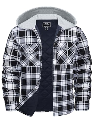 Cotrasen Mens Flannel Shirt Jacket Hooded Quilted Lined Warm Cotton Long Sleeve Plaid Shirt Jackets Button Shacket