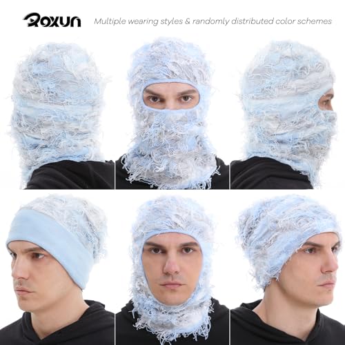 Image of ROXUN Distressed Ski Mask Balaclava, Yeat Shiesty Fluffy Knitted Full Face | Highly stretchy construction