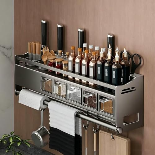Estantes de cocina montados en la pared con soporte para toallas de papel y ganchos, estante de especias para almacenamiento colgante, organizador de condimentos para el hogar y la cocina