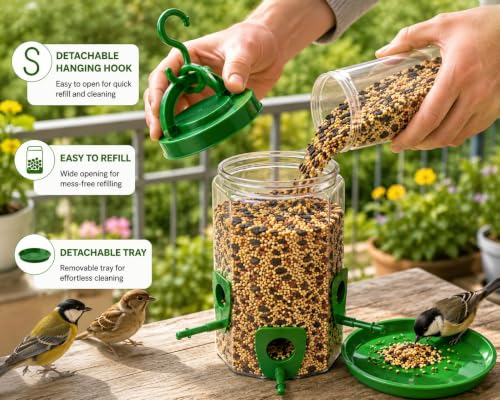 Image of Hanging Bird Feeder for Garden & Balcony, 1 Litre Weatherproof Bird Food Dispenser with 4 Feeding Ports, 360 Perch Feeding Station for Outdoor & Indoor Use (Green) Pack of 2