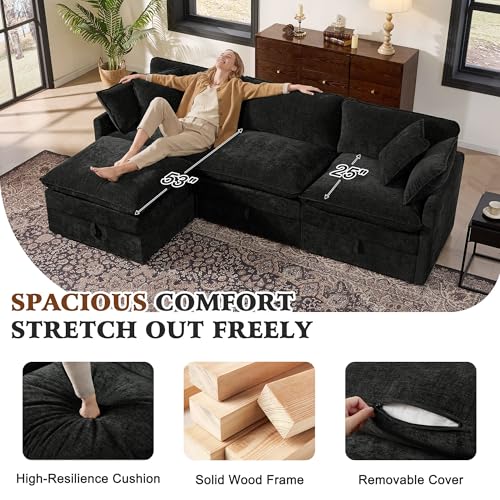 Image of Ihanherry 103 inch Modular Sectional Sofa with Storage, L Shaped Cloud Couch with Movable Ottomans & 4 Pillows, Chenille Deep Seat Sectional Couches for Living Room, Apartment (Black)