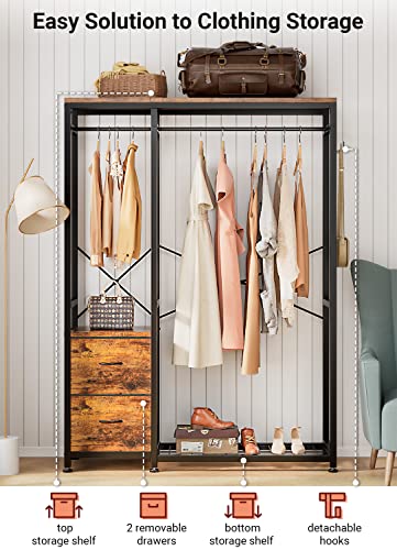 Lulive Clothes Rack, Heavy Duty Garment Rack For Hanging Clothes, Industrial Clothing Racks With Shelves, 2 Fabric Drawers, 4 Hooks, 2 Hanging Rods, Freestanding Closet Organizer, Rustic Brown #TOP5