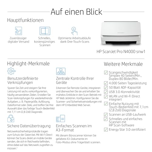 HP ScanJet Pro N4000 snw1, Scanner, Einzelblattzufuhr, 50-Blatt ADF, Ethernet, USB 3.0, Wi-Fi, bis zu 4.000 Seiten täglich, Kurzbefehle, Farbiger Touchscreen – Bild 3