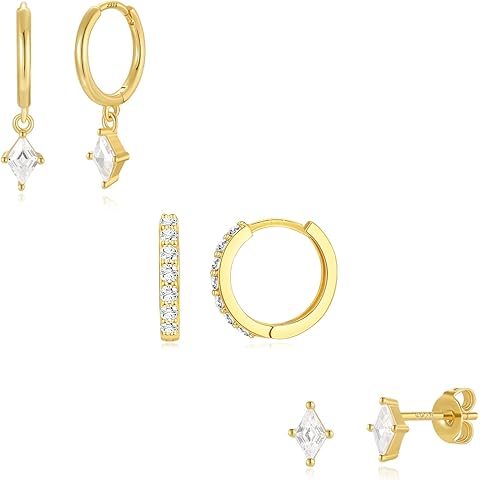 Angelady Gold Hoop Earrings Set for Women, Dainty 14K Gold Plated Huggies Earring, Sterling Silver Hypoallergenic Cartilage Earrings, Trendy Earring Stacks for Multiple Piercing Jewelry Gift(3 Pairs)