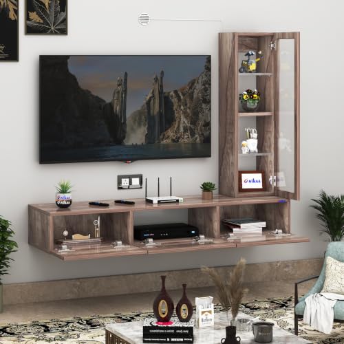 Image of Anikaa Lucen Ultra Modern Wall-Mounted TV Unit with Storage Cabinet and Light |3 Flip-Down Storage Doors Acrylic Shelves & Engineered Wood Construction | Fits Up to 55 Inch TV | Coachwood Finish | DIY