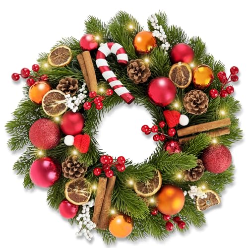 Christmas Wreath with Lights, 40cm/16in Christmas Door Wreath with Waterproof Battery Box, 40 Led, Timer and 8 Mode, Christmas Wreaths Decoration for Front door, Window, Fireplace, Wall (Candy)