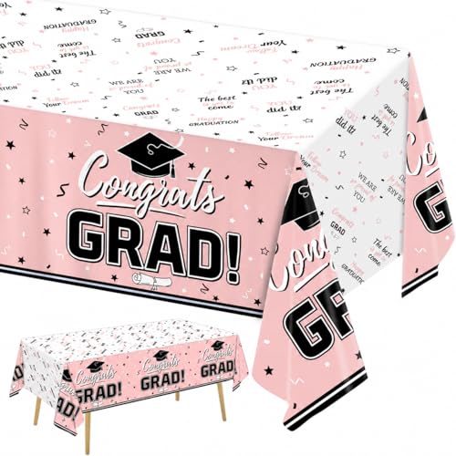 Image of Oigco Graduation Decorations Congrats Grad Graduation Tablecloth for 2026 Graduation Party Supplies, 3 Pcs Pink Plastic Table Cloths, 54 inchx108 inch
