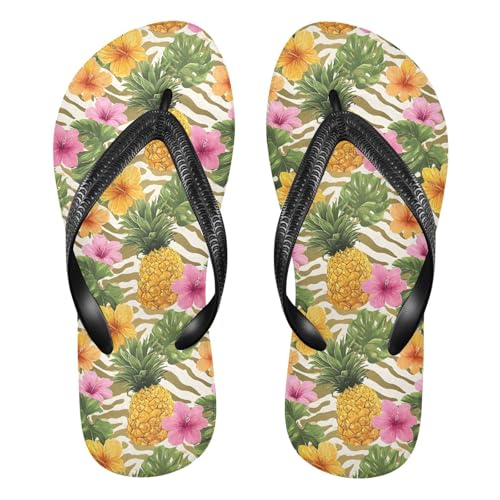 ALAZA Pineapple Tropical Flower Flip Flops for Women Fashion Beach Slippers Comfort Mens Flip Flops Non-Slip Rubber Shower Slippers Sandal for Hotel Travel Sport,XS