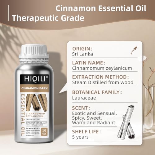 Image of HIQILI Cinnamon Bark Essential Oil for Versatile DIY, Diffuser & Skin | Brings Calming Stress Relief, Gentle Household Barrier, Soothing Massage Comfort & Air Freshening - 500ml / 16 fl oz