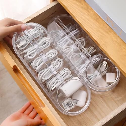 Image of Hian Transparent Rectangular PET Plastic Cable Organizer Box with Lid - 7 Compartment Storage & Wire Management for USB, Data Cables, Small Accessories, Stationery for Home & Office, Pack of 1
