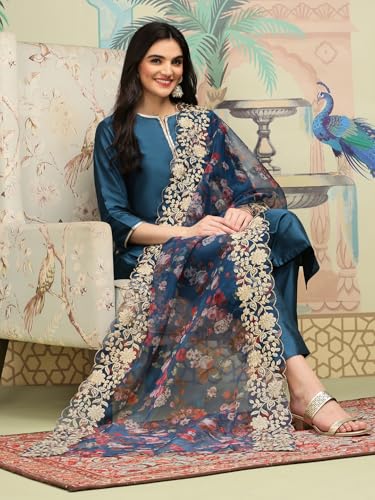 Image of ishin Notch Neck Thread Work Silk Crepe Straight Kurta with Trousers & Dupatta | Kurta set for women | Kurta with trousers and dupatta