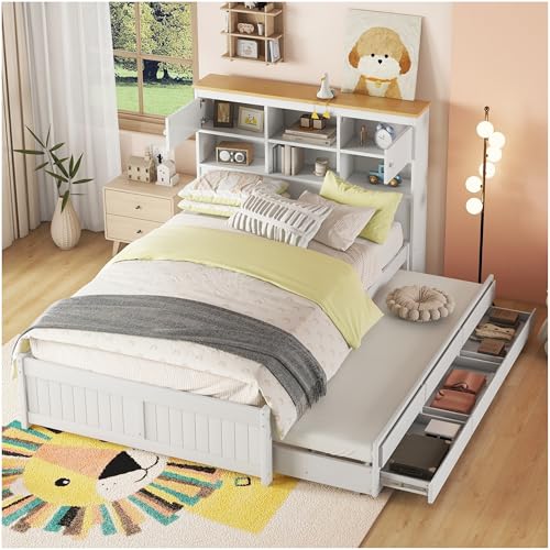 Lubvtti Cama Infantil con Cama Nido y Tres cajones, Cama de Matrimonio 140 x 200 cm,con Varios Compartimentos de Almacenamiento en el cabecero de la Cama,Blanco