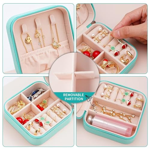 Image of Mini Jewellery Travel Case, PU Leather Organizer Box, Small Portable Jewellery Storage Holder for Womens Rings Earrings Necklaces (Peach-PU Leather Box) (Green)
