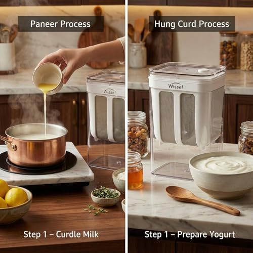 Image of Wissel Paneer Maker and Hung Curd Maker for Homemade Thick Greek Yoghurt & Shrikhand | Stainless Steel Mesh Yogurt Strainer | BPA-Free Plastic Container Whey Separator | Kitchen Essentials