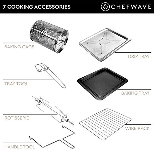 ChefWave 1600W, 27qt Digital Pressure Oven with LED Touch Control Panel – Rotisserie,Roasts, Broils, Bakes and Toasts – 5 Levels of Safety Protection - Includes 7 Accessories