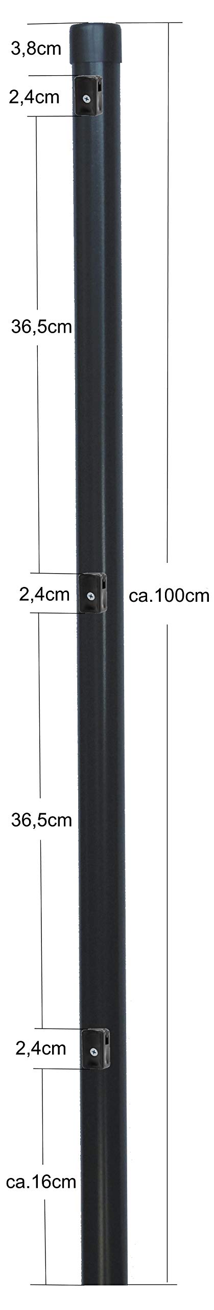 5 Stück Zaunpfosten Ø 34 mm für 80cm hohe Zaun. Incl. 3 montierter Spanndrahthalter und Pfostenkappe. Pfosten Länge 100cm für Montage in Einschlaghülse.