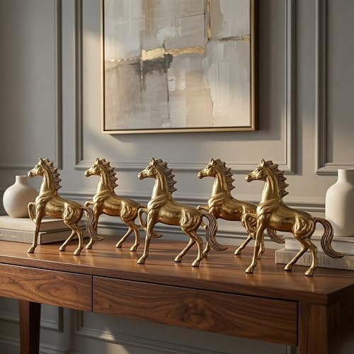 Image of BEHOMA Aluminium Horse Figurine Showpiece Pack of, Gold - Pack of 5 | Gold Finish Decorative Statue | Vastu Fengshui Wedding & Housewarming Elegant Modern Tabletop Art |Golden (Set of 5)