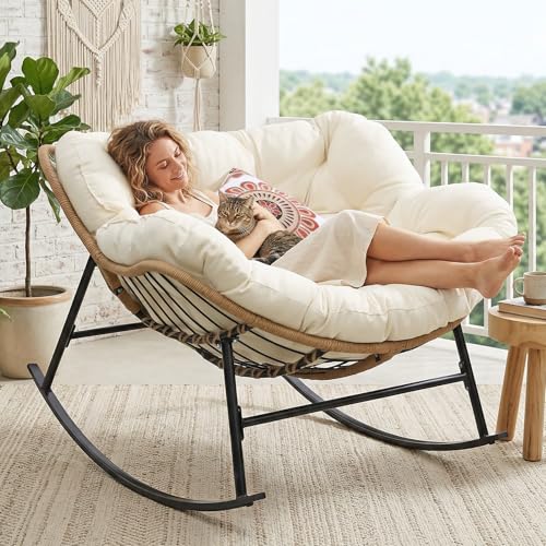 FINCATI Outdoor Indoor Papasan Rocking Chair, Oversized Wicker Rattan Recliner