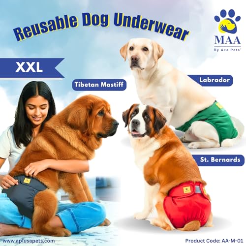 Image of A+a Pets' MAA' Cotton Dog Underwear Diaper Combo - Stretchable, Comfortable, Washable & Reusable (XXL, Navy Set)