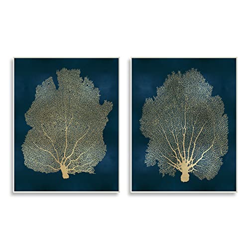 Stupell Industries Modern Sea Fan Composition Blue Gold Ocean Plant Wall Plaque, Green