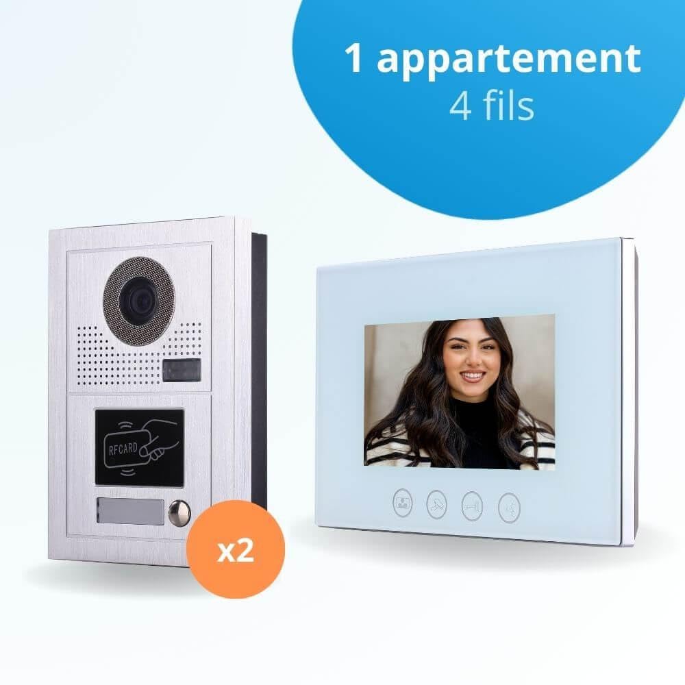 Portier interphone vidéo Classic-2 4 Fils pour 2 entrées - 1 Appartement - 2 platines - 1 écran Blanc 7" - avec mémoire Photos - avec Lecteur de Badge