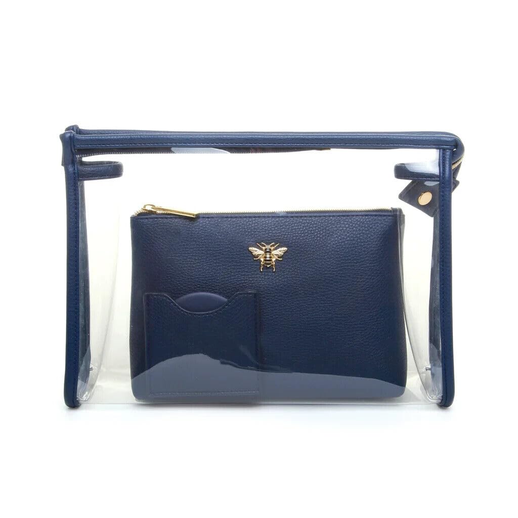Luxury 3 Piece Beauty Bag Makeup Gift Set Travel Case Case with Round Compact Mirror in a Matching Vegan Leather Pouch. (Navy) - Image 2